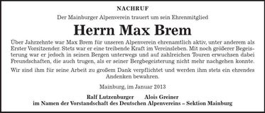 Traueranzeige Max Brem