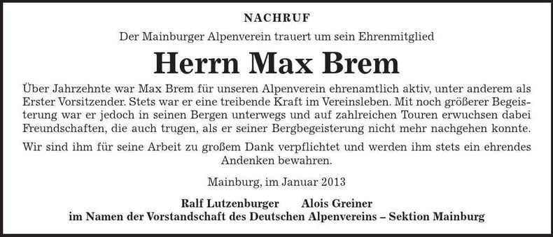 Traueranzeige Max Brem