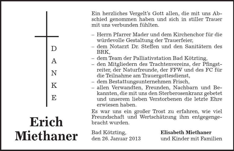 Traueranzeige Erich Miethaner