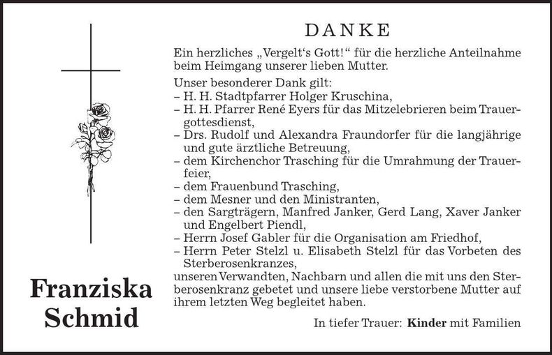 Traueranzeige Franziska Schmid