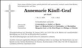 Traueranzeige Annemarie Käufl-Graf