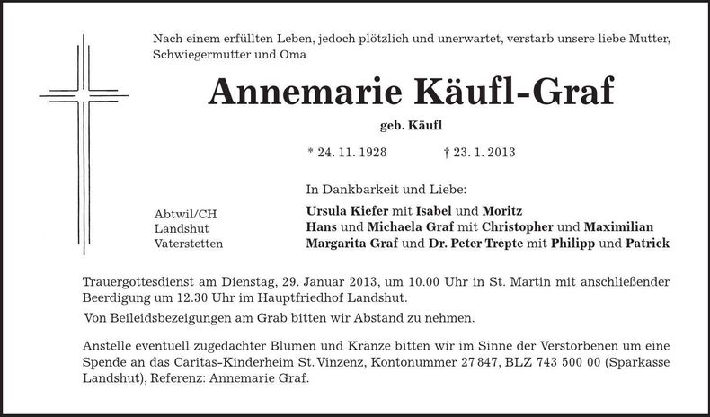 Traueranzeige Annemarie Käufl-Graf