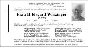 Traueranzeige Hildegard Winzinger
