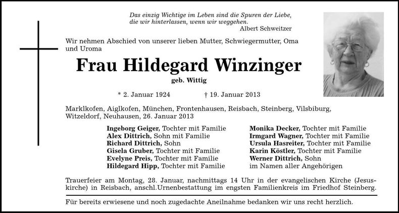 Traueranzeige Hildegard Winzinger