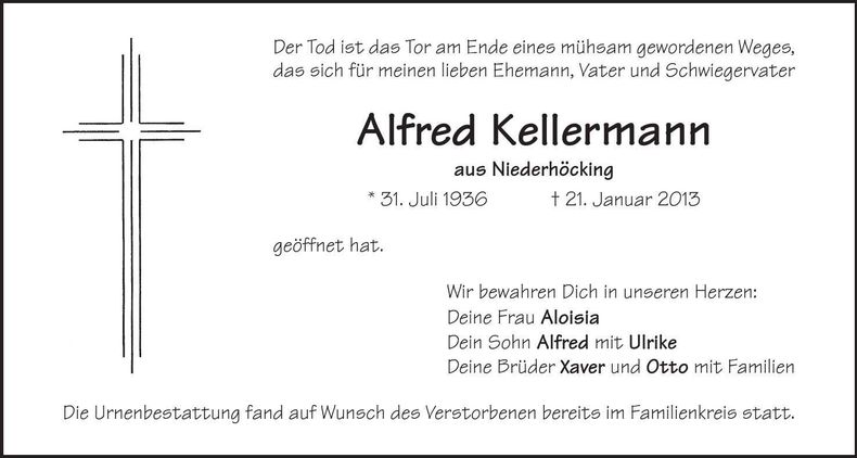 Traueranzeige Alfred Kellermann