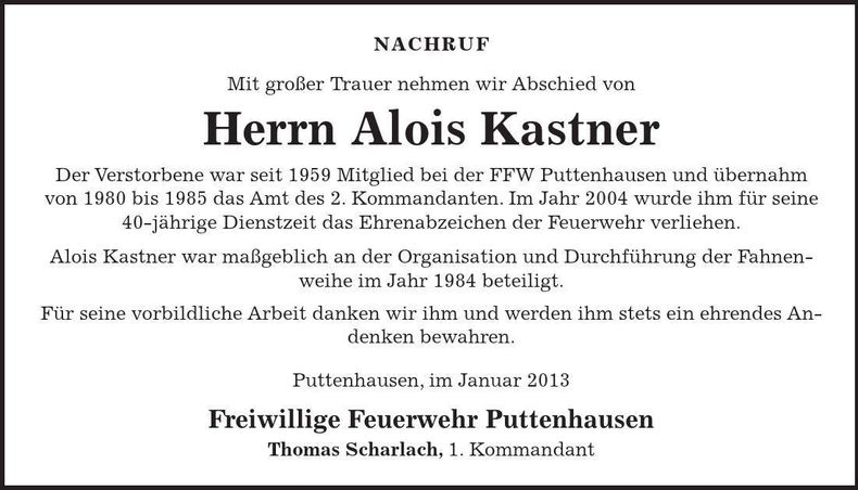 Traueranzeige Alois Kastner