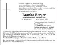 Traueranzeige Branko Berger
