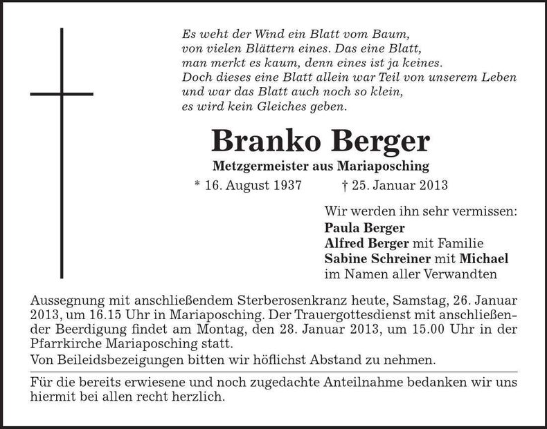 Traueranzeige Branko Berger
