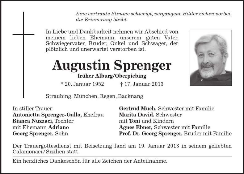 Traueranzeige Augustin Sprenger