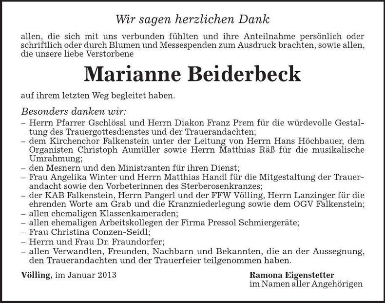 Traueranzeige Marianne Beiderbeck