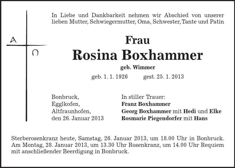 Traueranzeige Rosina Boxhammer