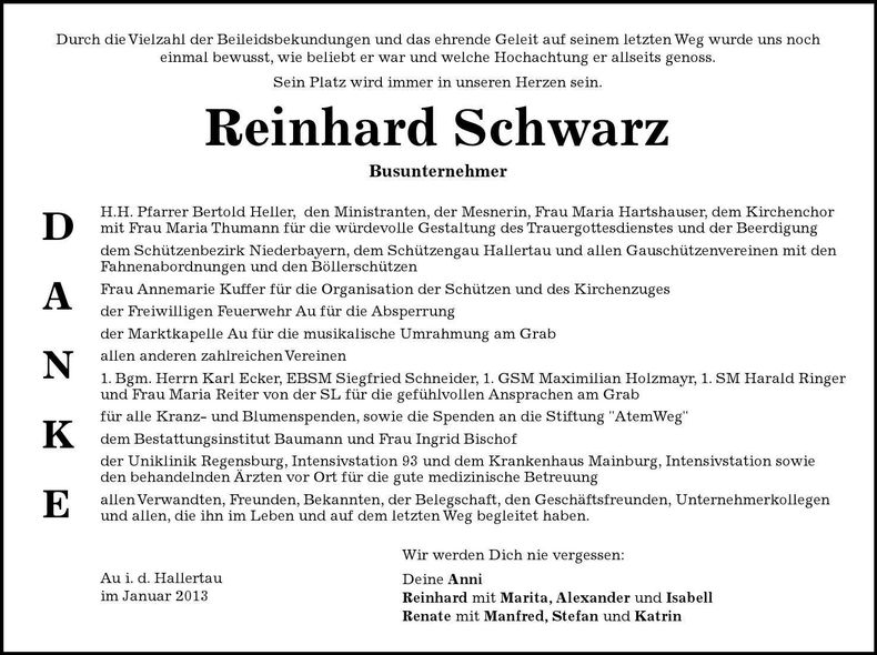 Traueranzeige Reinhard Schwarz