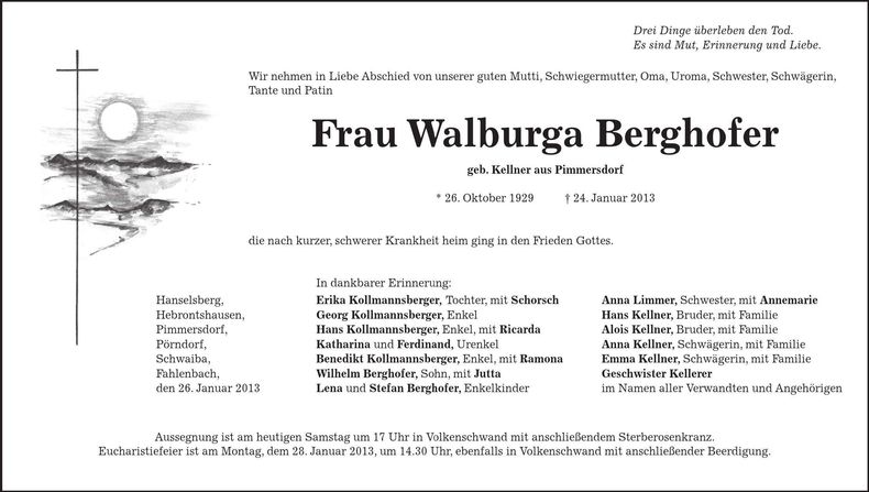 Traueranzeige Walburga Berghofer