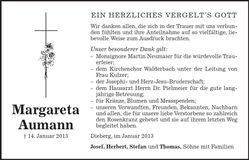 Traueranzeige Margareta Aumann