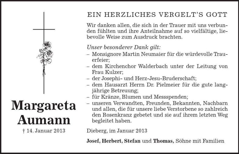 Traueranzeige Margareta Aumann