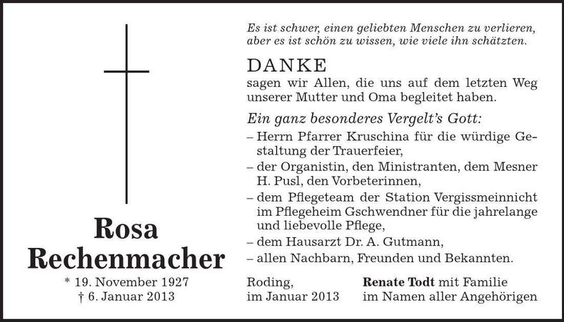 Traueranzeige Rosa Rechenmacher