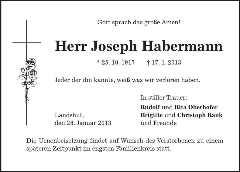 Traueranzeige Joseph Habermann