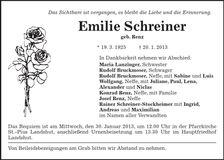 Traueranzeige Emilie Schreiner