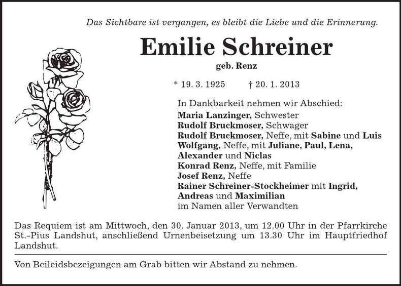 Traueranzeige Emilie Schreiner