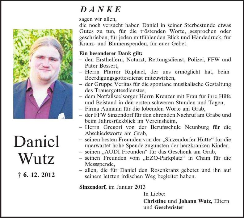 Traueranzeige Daniel Wutz