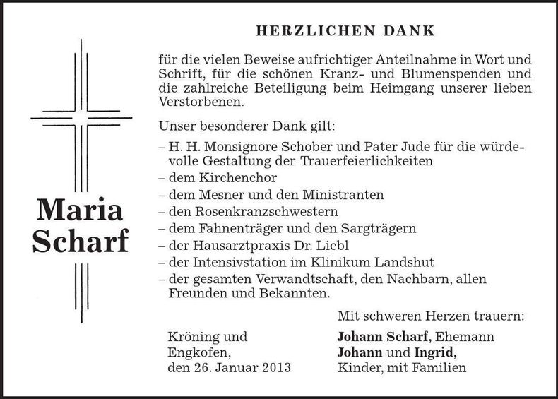 Traueranzeige Maria Scharf