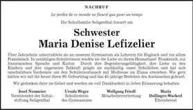 Traueranzeige Maria Denise Lefizelier