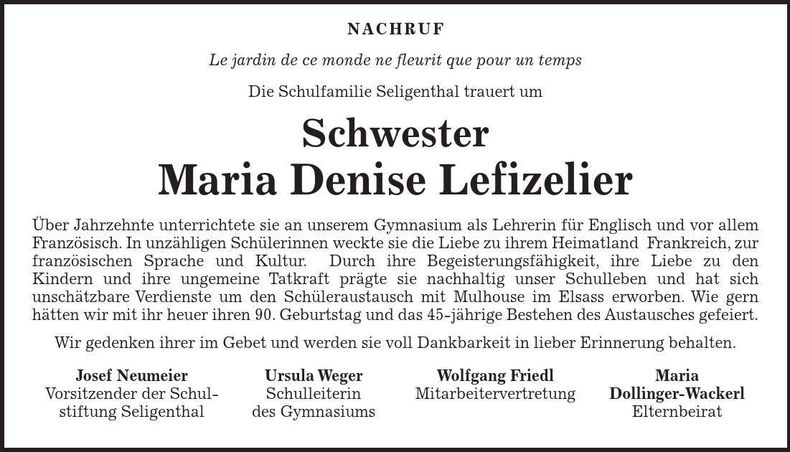 Traueranzeige Maria Denise Lefizelier