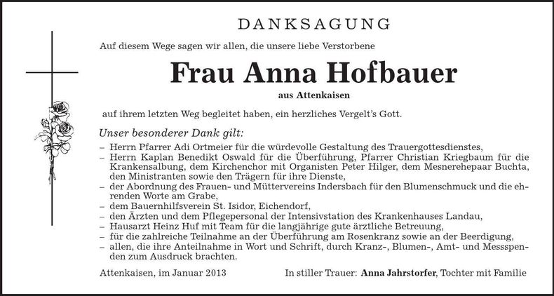 Traueranzeige Anna Hofbauer