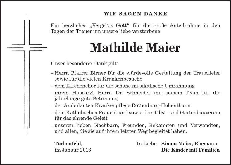 Traueranzeige Mathilde Maier