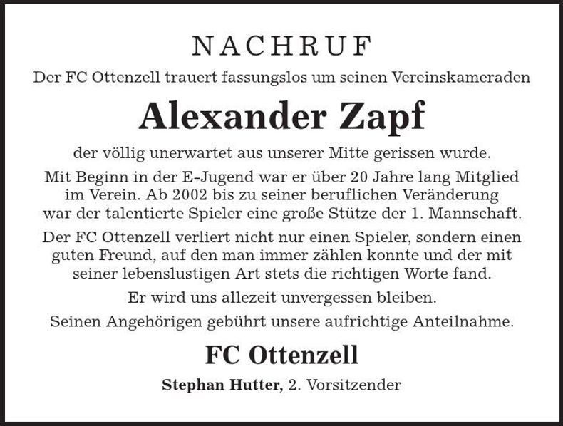 Traueranzeige Alexander Zapf