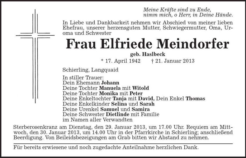 Traueranzeige Elfriede Meindorfer
