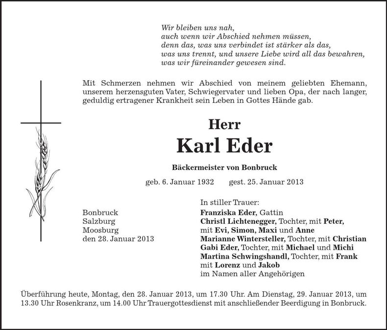 Traueranzeige Karl Eder