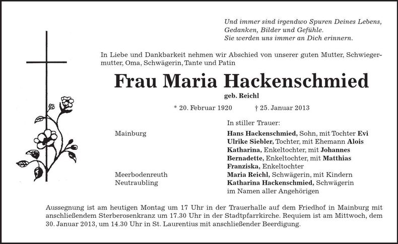 Traueranzeige Maria Hackenschmied