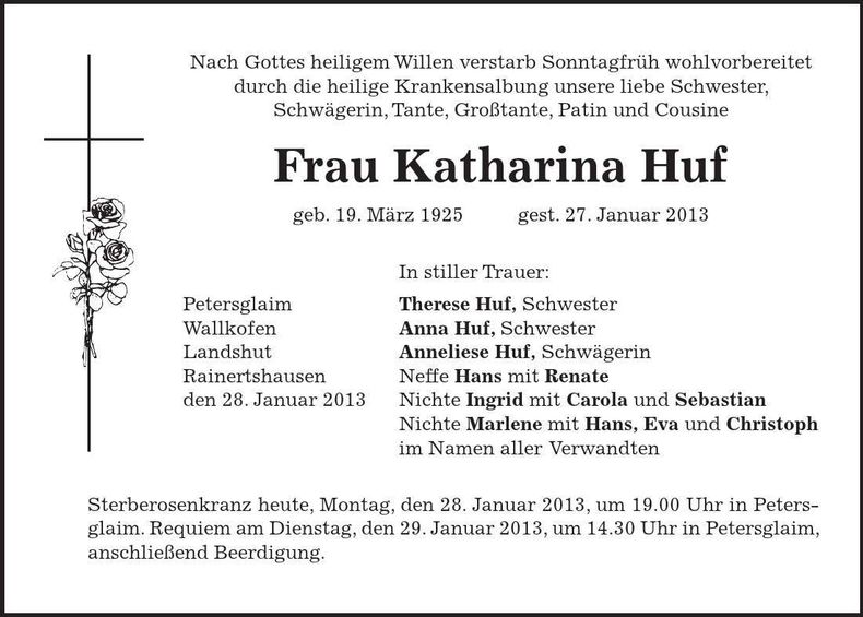 Traueranzeige Katharina Huf