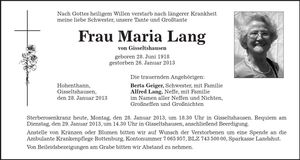Traueranzeige Maria Lang