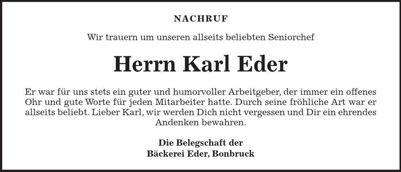 Traueranzeige Karl Eder