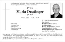 Traueranzeige Maria Deutinger