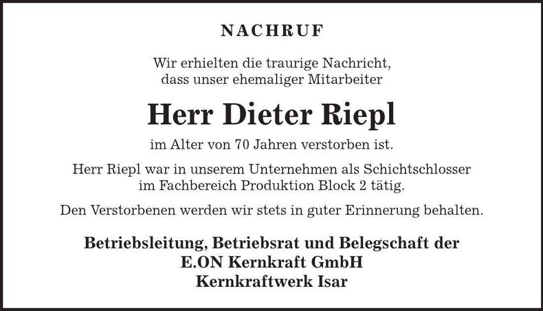 Traueranzeige Dieter Riepl