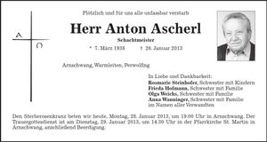 Traueranzeige Anton Ascherl