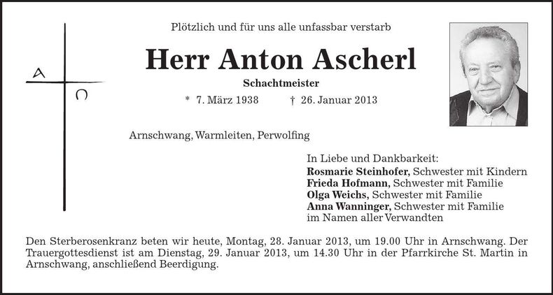 Traueranzeige Anton Ascherl