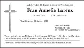 Traueranzeige Annelie Lorenz