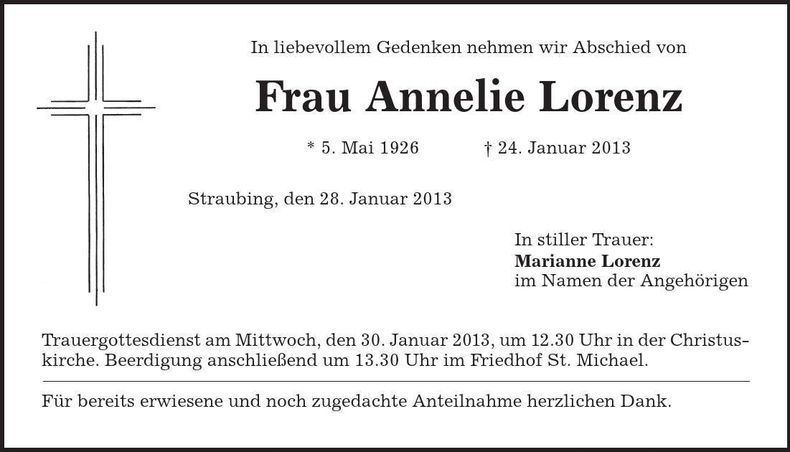 Traueranzeige Annelie Lorenz