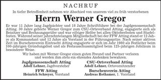 Traueranzeige Werner Gregor