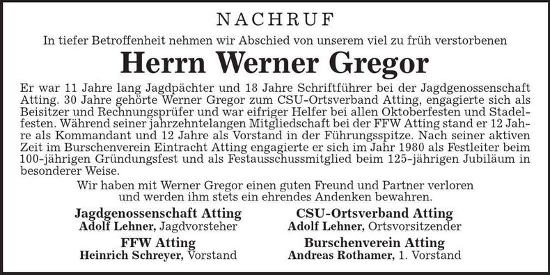 Traueranzeige Werner Gregor