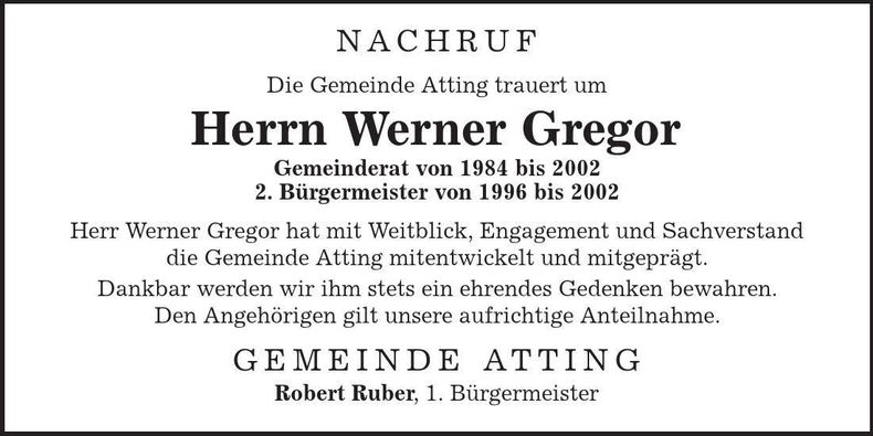 Traueranzeige Werner Gregor