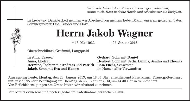 Traueranzeige Jakob Wagner