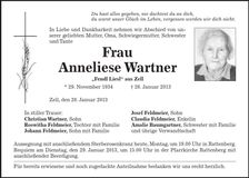 Traueranzeige Anneliese Wartner