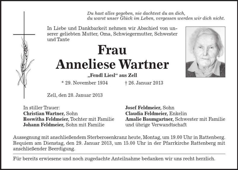 Traueranzeige Anneliese Wartner
