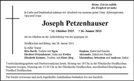 Traueranzeige Joseph Petzenhauser