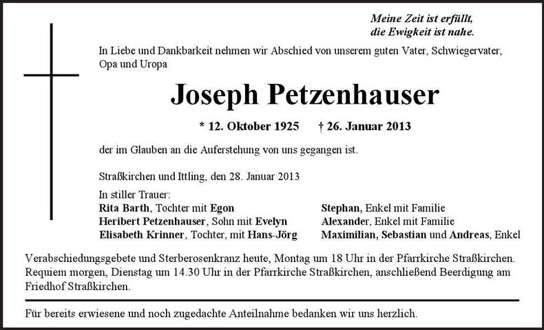 Traueranzeige Joseph Petzenhauser